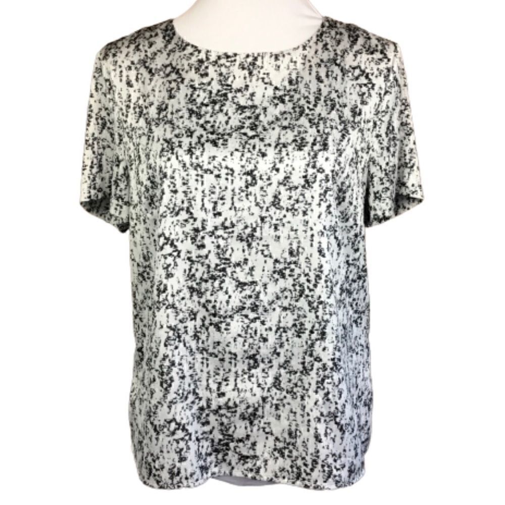 H&M Top | Blouse White Black Animal Print Short Sleeves Zippered Back Size 14